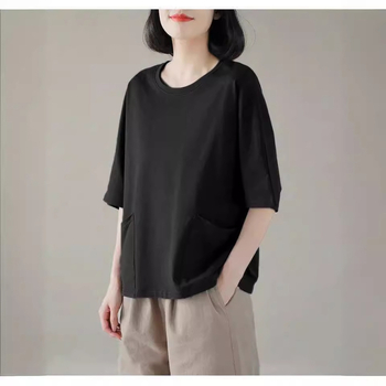 Ženski poliester kratkih rukava T-shirt, okrugli izrez, udoban kroj, detalji šivanja, retro umjetnički stil