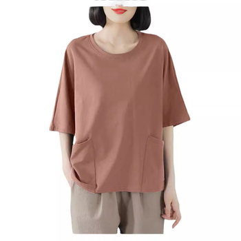 Ženski poliester kratkih rukava T-shirt, okrugli izrez, udoban kroj, detalji šivanja, retro umjetnički stil