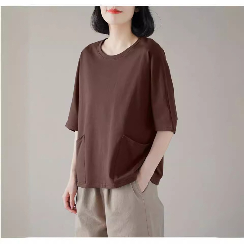 Ženski poliester kratkih rukava T-shirt, okrugli izrez, udoban kroj, detalji šivanja, retro umjetnički stil