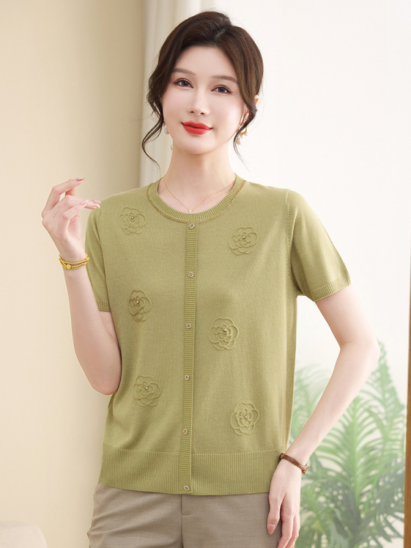 Жакард ice-silk трикотажен топ с кръгло деколте, къс ръкав, свободен силует, флорални мотиви, Lyocell-Cotton бленд (90–95% Tencel; Cotton ≤30%), пуловер