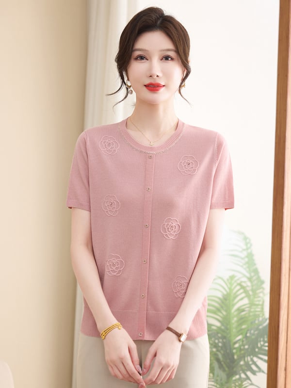 Жакард ice-silk трикотажен топ с кръгло деколте, къс ръкав, свободен силует, флорални мотиви, Lyocell-Cotton бленд (90–95% Tencel; Cotton ≤30%), пуловер