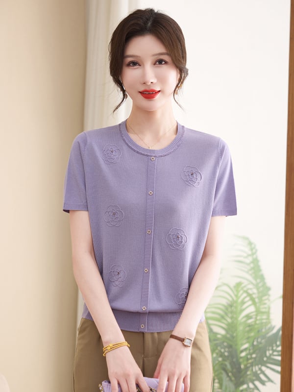 Жакард ice-silk трикотажен топ с кръгло деколте, къс ръкав, свободен силует, флорални мотиви, Lyocell-Cotton бленд (90–95% Tencel; Cotton ≤30%), пуловер