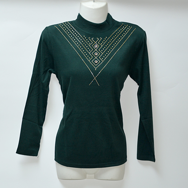 Naiste slim top koos poolkõrge kaelusega ja rhinestone hot-drill kaunistustega; De Velvet kangas 95%+; hot-drill sisu alla 30%; Suvi 2024