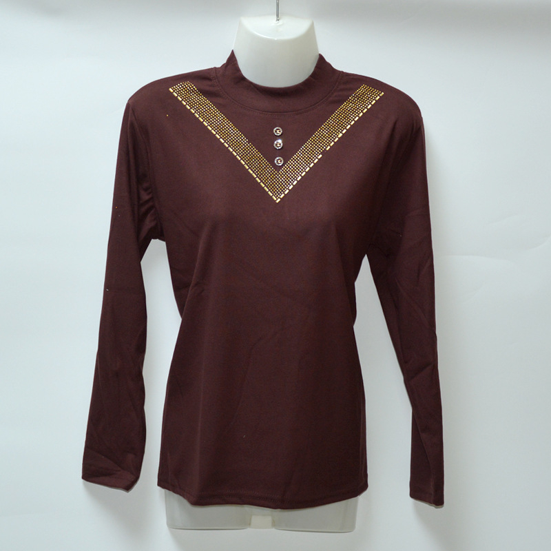 Naiste slim top koos poolkõrge kaelusega ja rhinestone hot-drill kaunistustega; De Velvet kangas 95%+; hot-drill sisu alla 30%; Suvi 2024