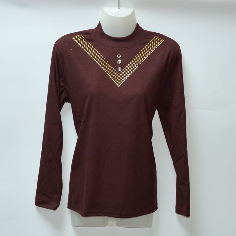 Naiste slim top koos poolkõrge kaelusega ja rhinestone hot-drill kaunistustega; De Velvet kangas 95%+; hot-drill sisu alla 30%; Suvi 2024