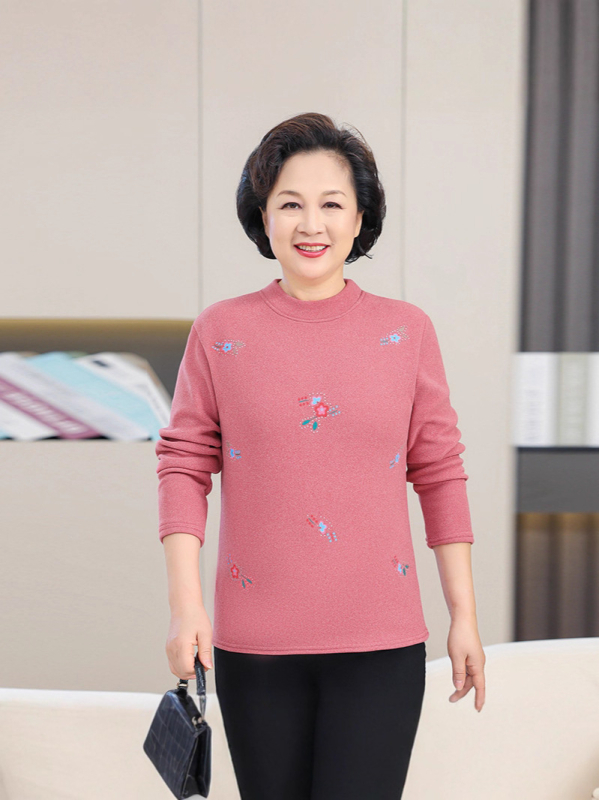 Дамска дълъг ръкав топло облекло с флисов вътрешен слой, кръгло деколте, флорален принт, полиестерна материя за есенно-зимна топлина