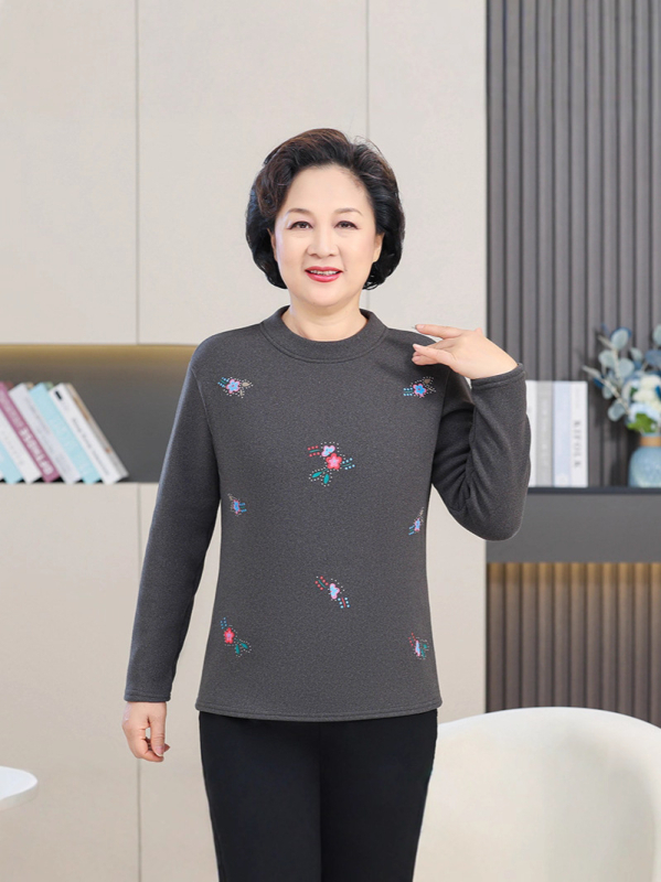 Дамска дълъг ръкав топло облекло с флисов вътрешен слой, кръгло деколте, флорален принт, полиестерна материя за есенно-зимна топлина