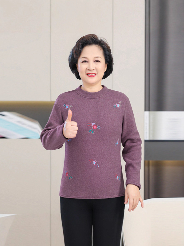 Дамска дълъг ръкав топло облекло с флисов вътрешен слой, кръгло деколте, флорален принт, полиестерна материя за есенно-зимна топлина