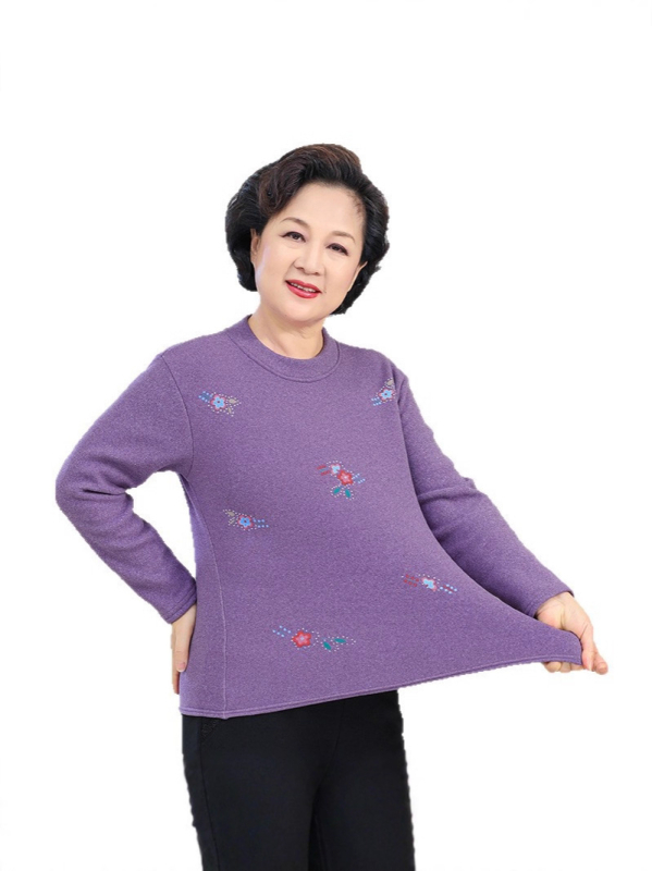 Дамска дълъг ръкав топло облекло с флисов вътрешен слой, кръгло деколте, флорален принт, полиестерна материя за есенно-зимна топлина