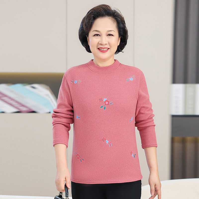 Дамска дълъг ръкав топло облекло с флисов вътрешен слой, кръгло деколте, флорален принт, полиестерна материя за есенно-зимна топлина