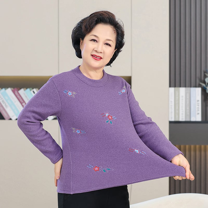 Дамска дълъг ръкав топло облекло с флисов вътрешен слой, кръгло деколте, флорален принт, полиестерна материя за есенно-зимна топлина