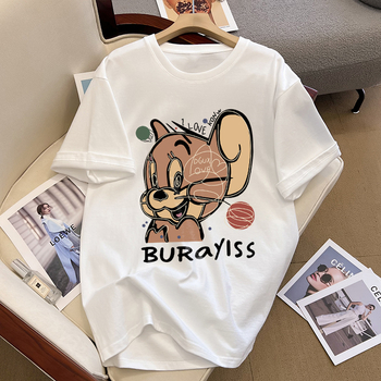 Pamukasti ženski T-shirt s kratkim rukavima, okrugli izrez, slobodan kroj, srednja duljina, 3D uzorak