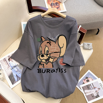 Pamukasti ženski T-shirt s kratkim rukavima, okrugli izrez, slobodan kroj, srednja duljina, 3D uzorak
