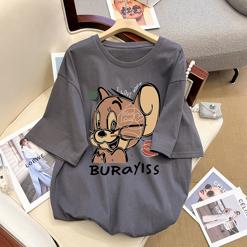 Pamukasti ženski T-shirt s kratkim rukavima, okrugli izrez, slobodan kroj, srednja duljina, 3D uzorak