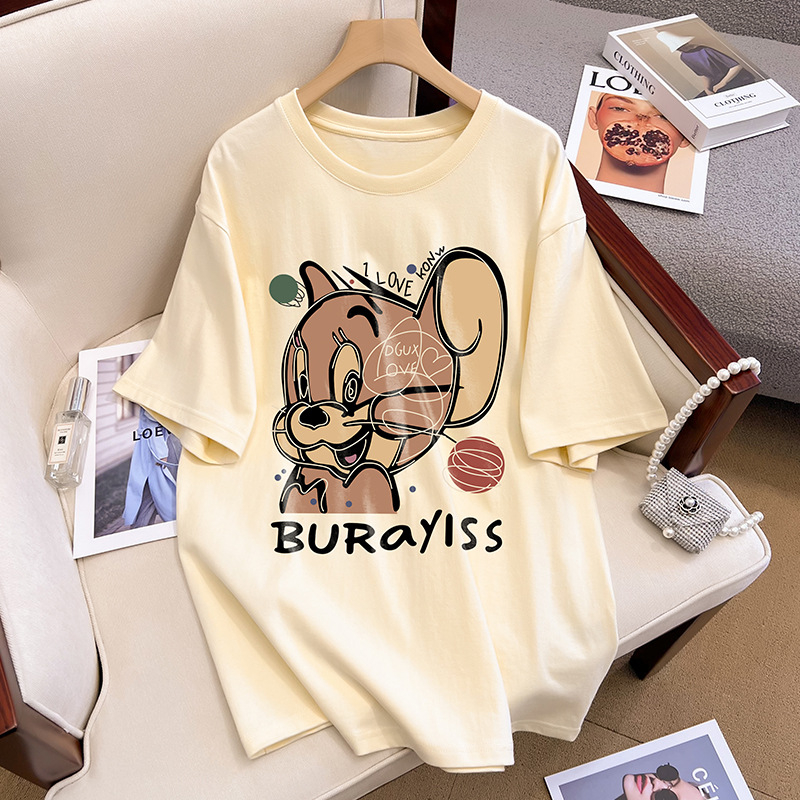 Pamukasti ženski T-shirt s kratkim rukavima, okrugli izrez, slobodan kroj, srednja duljina, 3D uzorak
