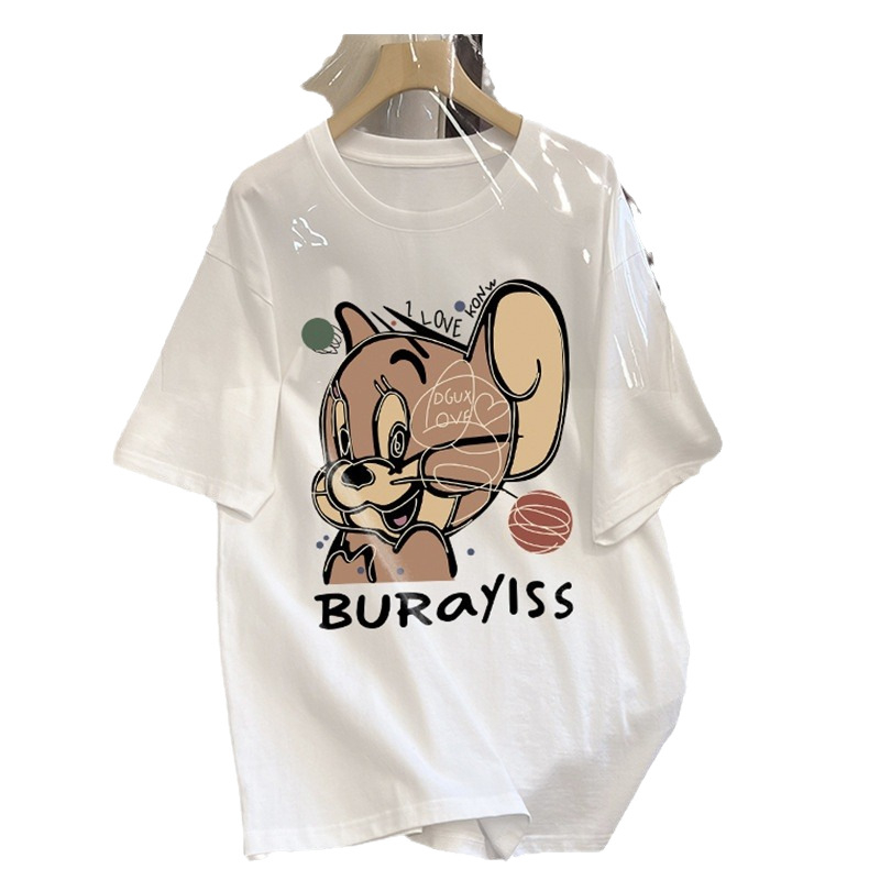 Pamukasti ženski T-shirt s kratkim rukavima, okrugli izrez, slobodan kroj, srednja duljina, 3D uzorak
