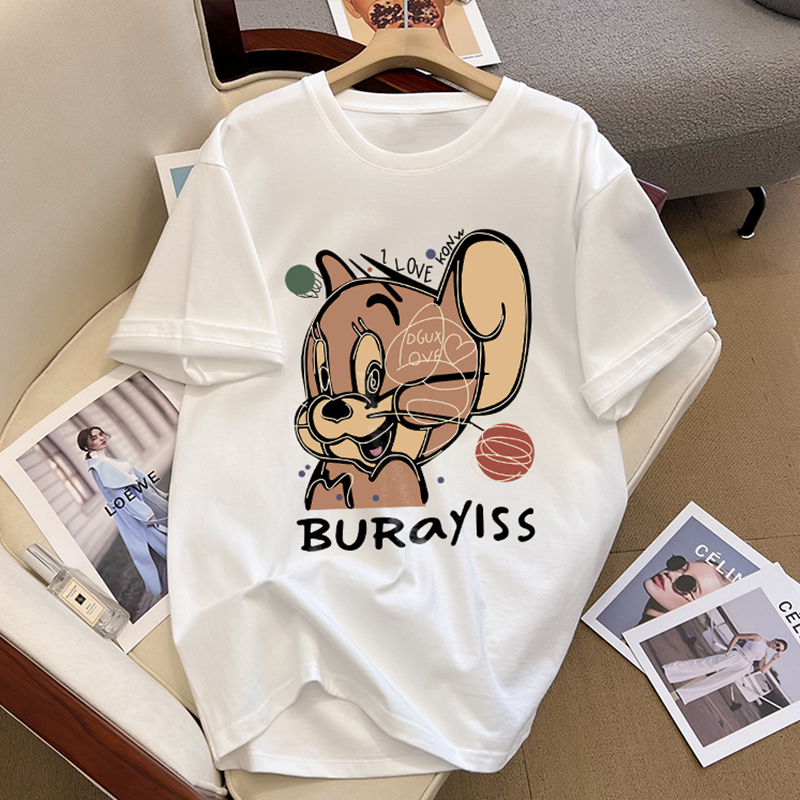Pamukasti ženski T-shirt s kratkim rukavima, okrugli izrez, slobodan kroj, srednja duljina, 3D uzorak