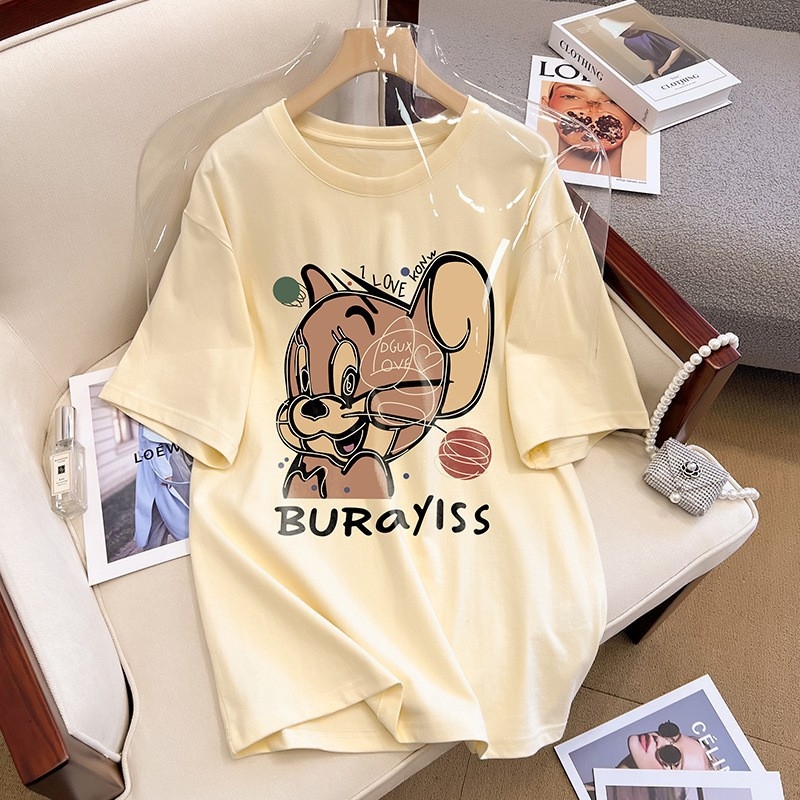 Pamukasti ženski T-shirt s kratkim rukavima, okrugli izrez, slobodan kroj, srednja duljina, 3D uzorak