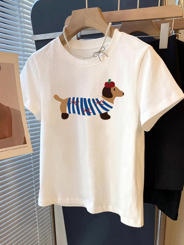 Pamučna ženska majica, slobodan kroj, kratki rukavi, okrugli izrez, print životinja (ljeto 2025)