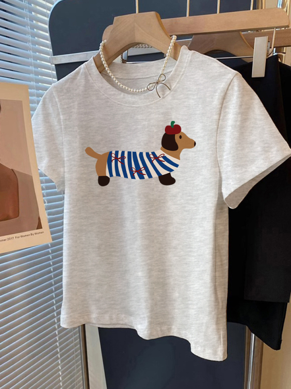 Pamučna ženska majica, slobodan kroj, kratki rukavi, okrugli izrez, print životinja (ljeto 2025)