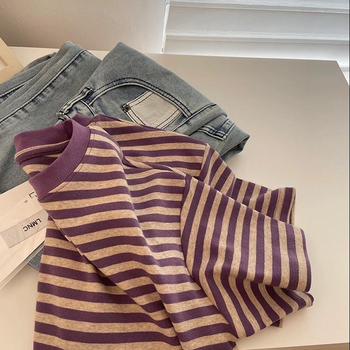 Xiyin Ženski prugasti T-shirt s okruglim izrezom, kratki rukavi - Combed Cotton, normalan kroj, Princess Wind stil