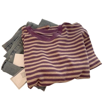 Xiyin Ženski prugasti T-shirt s okruglim izrezom, kratki rukavi - Combed Cotton, normalan kroj, Princess Wind stil