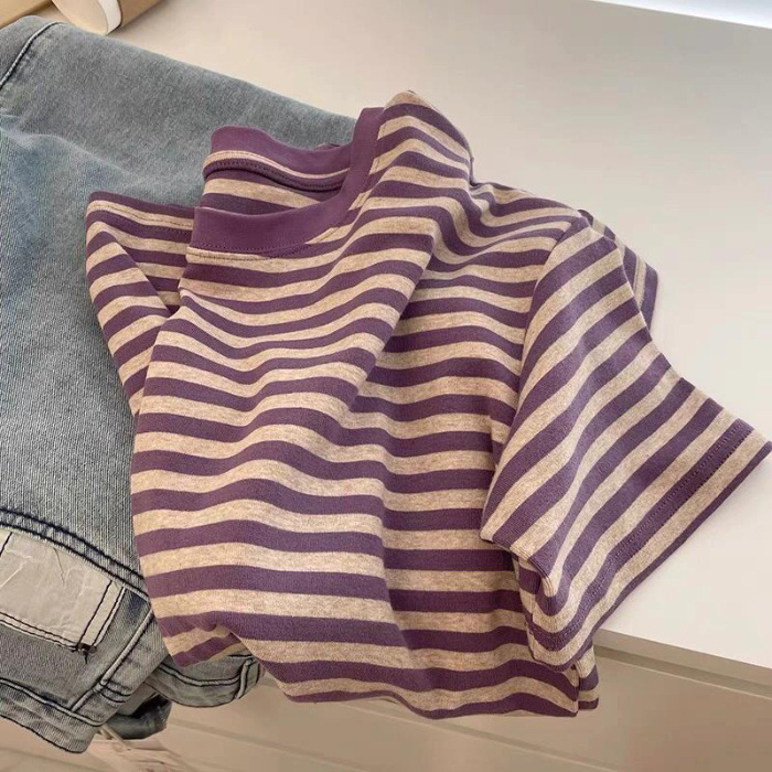 Xiyin Ženski prugasti T-shirt s okruglim izrezom, kratki rukavi - Combed Cotton, normalan kroj, Princess Wind stil
