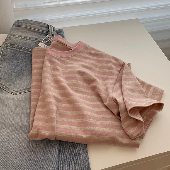 Xiyin Ženski prugasti T-shirt s okruglim izrezom, kratki rukavi - Combed Cotton, normalan kroj, Princess Wind stil