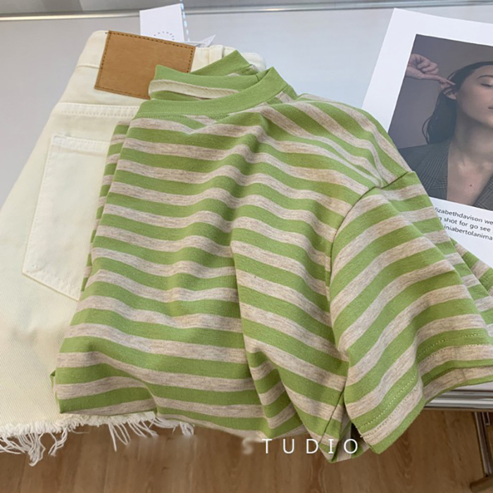 Xiyin Ženski prugasti T-shirt s okruglim izrezom, kratki rukavi - Combed Cotton, normalan kroj, Princess Wind stil