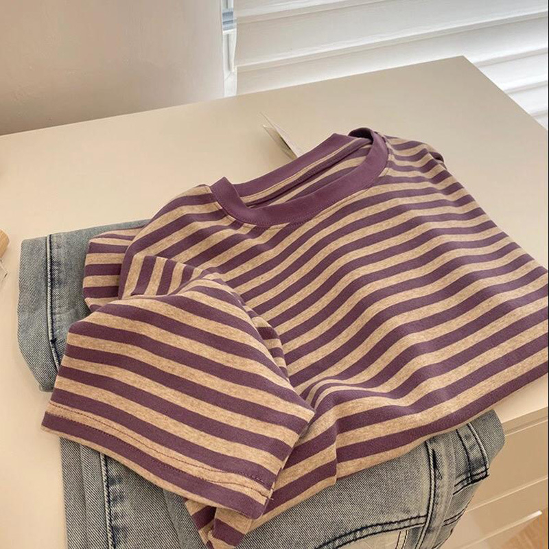 Xiyin Ženski prugasti T-shirt s okruglim izrezom, kratki rukavi - Combed Cotton, normalan kroj, Princess Wind stil