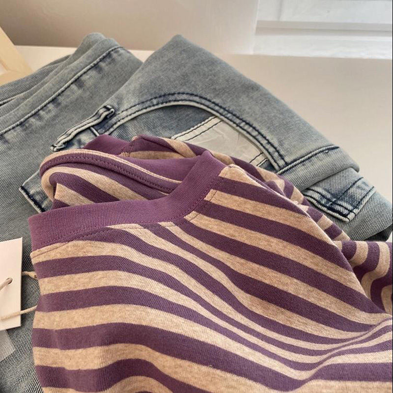 Xiyin Ženski prugasti T-shirt s okruglim izrezom, kratki rukavi - Combed Cotton, normalan kroj, Princess Wind stil