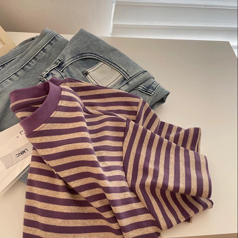 Xiyin Ženski prugasti T-shirt s okruglim izrezom, kratki rukavi - Combed Cotton, normalan kroj, Princess Wind stil