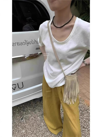 Ženski T-shirt s U-izrezom, kratki rukavi, labav kroj, jednobojna, pamuk-poliester mješavina, ljetni model 2025