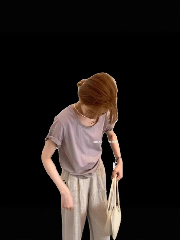 Ženski T-shirt s U-izrezom, kratki rukavi, labav kroj, jednobojna, pamuk-poliester mješavina, ljetni model 2025
