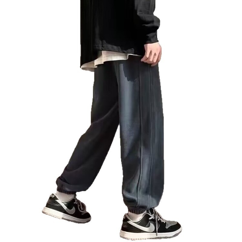 Corduroy casual muške hlače, labav kroj, fleece podstava, elastični pojas s vezicom, zimska upotreba