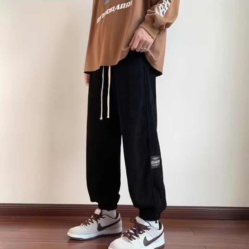 Corduroy casual muške hlače, labav kroj, fleece podstava, elastični pojas s vezicom, zimska upotreba