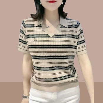 Ženska polo majica s kratkim rukavima i ovratnikom, poliester, prugasti uzorak, uski kroj