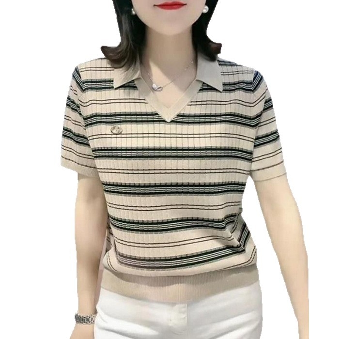 Ženska polo majica s kratkim rukavima i ovratnikom, poliester, prugasti uzorak, uski kroj