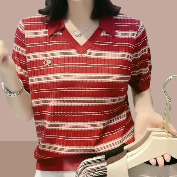 Ženska polo majica s kratkim rukavima i ovratnikom, poliester, prugasti uzorak, uski kroj