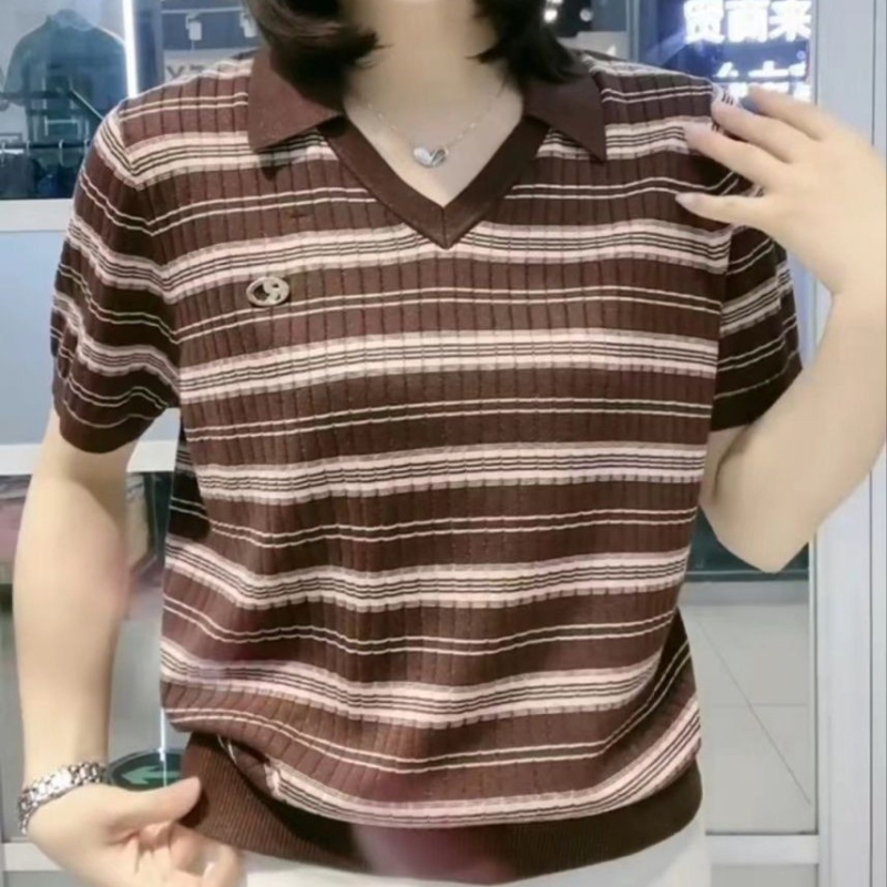 Ženska polo majica s kratkim rukavima i ovratnikom, poliester, prugasti uzorak, uski kroj