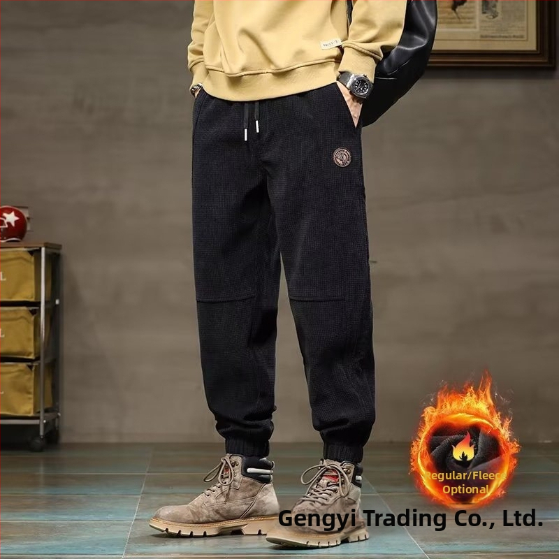 Meeste igapäevased spordpüksid rombimustriga, keskmine vöökoht, sirge lõige, mikroelastsus, Hongkongi stiil