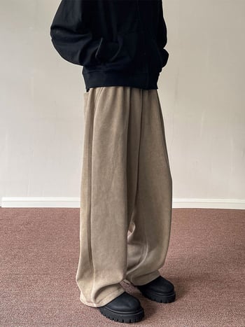 Muške hlače od korduroja s fleece podstavom, opuštenog kroja, širokih nogavica, srednji pojas, vezanje šnurnom