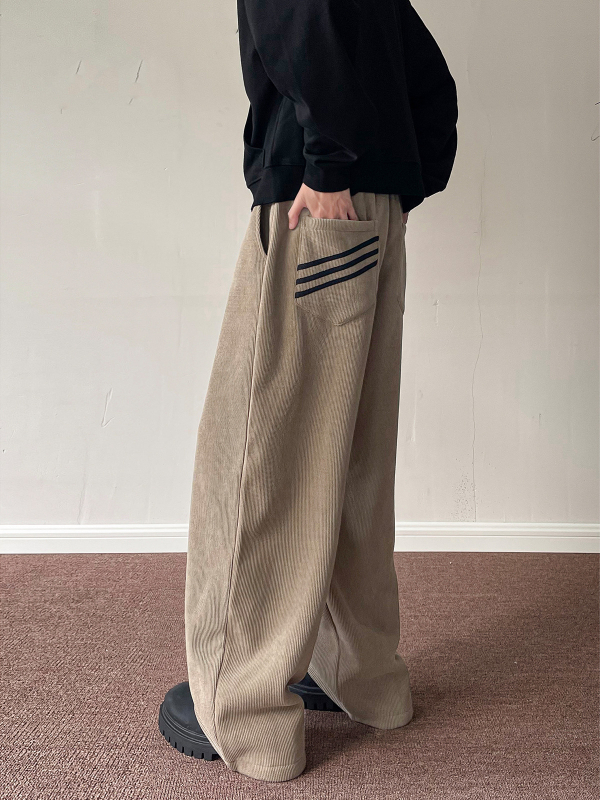 Muške hlače od korduroja s fleece podstavom, opuštenog kroja, širokih nogavica, srednji pojas, vezanje šnurnom