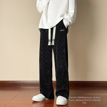 Meeste corduroy sirged püksid — ruuduline muster, keskmine vöökoht, fleece vooder, puuvillaseguga