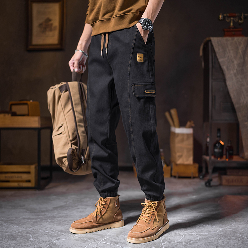 Muške radne hlače u japanskom stilu workwear, uski kroj, srednji porast, s remenom, pamuk