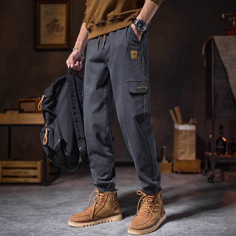 Muške radne hlače u japanskom stilu workwear, uski kroj, srednji porast, s remenom, pamuk