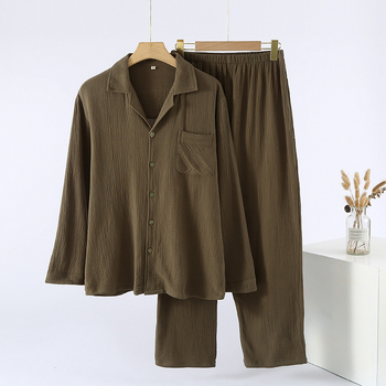 Muški pamuk pijama set – lagani materijal, kardiganski stil, klopasti ovratnik, udoban širok kroj, dugi rukavi, hlače