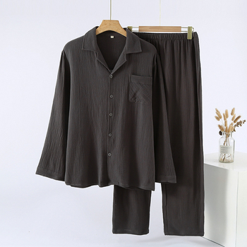 Muški pamuk pijama set – lagani materijal, kardiganski stil, klopasti ovratnik, udoban širok kroj, dugi rukavi, hlače