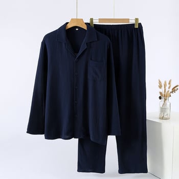 Muški pamuk pijama set – lagani materijal, kardiganski stil, klopasti ovratnik, udoban širok kroj, dugi rukavi, hlače