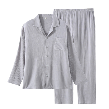 Muški pamuk pijama set – lagani materijal, kardiganski stil, klopasti ovratnik, udoban širok kroj, dugi rukavi, hlače
